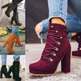 Heeled Boots For Women Round Toe Lace UP High Heels Boots Mid Calf Shoes - Livefree