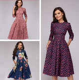 Occidental Autumn And Winter Womens A Line Dress Party Retro Small Fragmented Flowers 7/4 Sleeve Round Neck Dress - Livefree