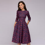 Occidental Autumn And Winter Womens A Line Dress Party Retro Small Fragmented Flowers 7/4 Sleeve Round Neck Dress - Livefree
