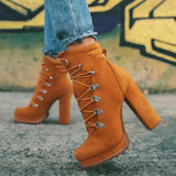 Heeled Boots For Women Round Toe Lace UP High Heels Boots Mid Calf Shoes - Livefree