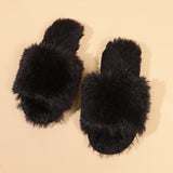 Fashion Open-toed Plush Slippers Winter Warm Indoor Bedroom Floor Soft Fluffy Slipper For Couple Solid Color House Shoes Women - Livefree