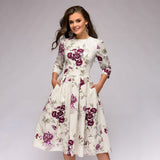 Occidental Autumn And Winter Womens A Line Dress Party Retro Small Fragmented Flowers 7/4 Sleeve Round Neck Dress - Livefree