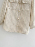 Women Plaid Pattern Thick Coats Jacket Pearl Buttons Long Sleeves Pocket Ladies Elegant Autumn Winter Coat - Livefree