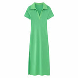 European and American New Fashion Versatile Flip V neck Short Sleeve Solid A line Tricolor Dress for Women - Livefree