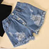 Children'S Clothing Cotton Dot Mesh Sleeves Striped Top Ripped Denim Shorts Kids Suit - Livefree