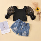 Children'S Clothing Cotton Dot Mesh Sleeves Striped Top Ripped Denim Shorts Kids Suit - Livefree
