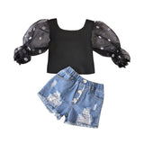 Children'S Clothing Cotton Dot Mesh Sleeves Striped Top Ripped Denim Shorts Kids Suit - Livefree