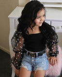 Children'S Clothing Cotton Dot Mesh Sleeves Striped Top Ripped Denim Shorts Kids Suit - Livefree