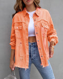Women's Oversized Frayed Lightweight Denim Jacket Button Down Ripped Distressed Jean Shacket - Livefree