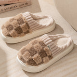 Plaid Plush Slippers Women's Indoor Plush Home Slippers Soft Sole Thick Non-Slip Warm House Shoes Couple Autumn And Winter - Livefree
