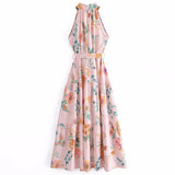 European and American New Fashion Sexy Sleeveless Hanging Neck Print Waist Pulling Dress Womens Long Dress - Livefree