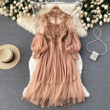 Mesh Graceful Stand Collar Lantern Sleeve High Waist Slimming Suspenders Dress - Livefree