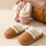 Fashion Warm Cotton Slippers For Women Leisure Thick Bottom Non-slip Plus-velvet House Shoes Winter Bedroom Floor Suede Slipper - Livefree