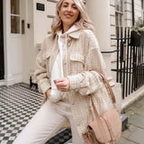 Women Plaid Pattern Thick Coats Jacket Pearl Buttons Long Sleeves Pocket Ladies Elegant Autumn Winter Coat - Livefree