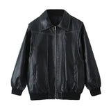 Loose Fashion Lapel Zip-up Jacket Cool Long Sleeve Zipper Closure Moto Biker Leather Jacket Womens Clothing - Livefree