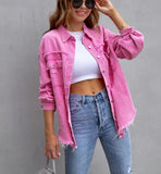 Women's Oversized Frayed Lightweight Denim Jacket Button Down Ripped Distressed Jean Shacket - Livefree