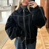Loose Fashion Lapel Zip-up Jacket Cool Long Sleeve Zipper Closure Moto Biker Leather Jacket Womens Clothing - Livefree