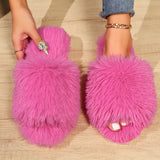 Fashion Open-toed Plush Slippers Winter Warm Indoor Bedroom Floor Soft Fluffy Slipper For Couple Solid Color House Shoes Women - Livefree