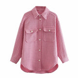 Women Plaid Pattern Thick Coats Jacket Pearl Buttons Long Sleeves Pocket Ladies Elegant Autumn Winter Coat - Livefree