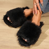 Fashion Open-toed Plush Slippers Winter Warm Indoor Bedroom Floor Soft Fluffy Slipper For Couple Solid Color House Shoes Women - Livefree