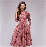 Occidental Autumn And Winter Womens A Line Dress Party Retro Small Fragmented Flowers 7/4 Sleeve Round Neck Dress - Livefree