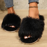 Fashion Open-toed Plush Slippers Winter Warm Indoor Bedroom Floor Soft Fluffy Slipper For Couple Solid Color House Shoes Women - Livefree