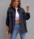 Women's Oversized Frayed Lightweight Denim Jacket Button Down Ripped Distressed Jean Shacket - Livefree