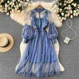 Mesh Graceful Stand Collar Lantern Sleeve High Waist Slimming Suspenders Dress - Livefree