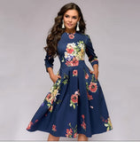 Occidental Autumn And Winter Womens A Line Dress Party Retro Small Fragmented Flowers 7/4 Sleeve Round Neck Dress - Livefree