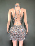 Catwalk Banquet Two-piece Set Full Diamond Luxury Rhinestone Waist Slimming Sheath Short Gowns