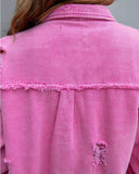 Women's Oversized Frayed Lightweight Denim Jacket Button Down Ripped Distressed Jean Shacket - Livefree