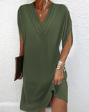 V-neck Pleated Batwing Sleeve Dress - Livefree