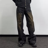 Washed Straight Dirty Mud Textured Deconstructed Jeans - Livefree
