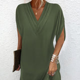 V-neck Pleated Batwing Sleeve Dress - Livefree