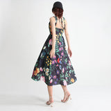 Elegant rural style suspender dress with medium waist heavy work nail bead inlaid diamond print dress - Livefree