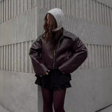 Solid Color Lapel Zipper Jacket Fashion Casual Long Sleeve Leather Coat Tops Women Clothing - Livefree