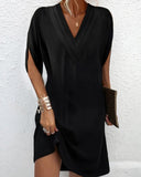 V-neck Pleated Batwing Sleeve Dress - Livefree