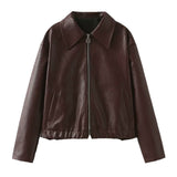 Solid Color Lapel Zipper Jacket Fashion Casual Long Sleeve Leather Coat Tops Women Clothing - Livefree