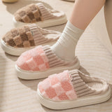 Plaid Plush Slippers Women's Indoor Plush Home Slippers Soft Sole Thick Non-Slip Warm House Shoes Couple Autumn And Winter - Livefree