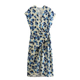 European and American New Fashion Elegant V neck Short Sleeve Blue Printed Split Dress for Women - Livefree