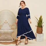 Spring And Autumn New Large Size Women Lace Splicing Round Neck Mid Sleeved Dress Solid Color Loose