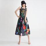 Elegant rural style suspender dress with medium waist heavy work nail bead inlaid diamond print dress - Livefree