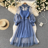 Mesh Graceful Stand Collar Lantern Sleeve High Waist Slimming Suspenders Dress - Livefree