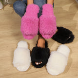 Fashion Open-toed Plush Slippers Winter Warm Indoor Bedroom Floor Soft Fluffy Slipper For Couple Solid Color House Shoes Women - Livefree