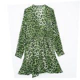European And American Spring New Fashion Elegant V Neck Long Sleeve Animal Pattern Green Waist Dress For Women - Livefree