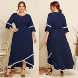 Spring And Autumn New Large Size Women Lace Splicing Round Neck Mid Sleeved Dress Solid Color Loose