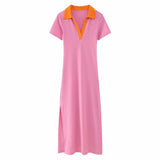 European and American New Fashion Versatile Flip V neck Short Sleeve Solid A line Tricolor Dress for Women - Livefree