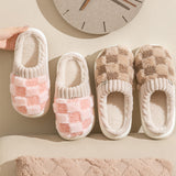 Plaid Plush Slippers Women's Indoor Plush Home Slippers Soft Sole Thick Non-Slip Warm House Shoes Couple Autumn And Winter - Livefree