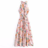 European and American New Fashion Sexy Sleeveless Hanging Neck Print Waist Pulling Dress Womens Long Dress - Livefree