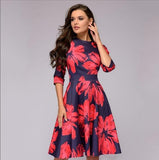 Occidental Autumn And Winter Womens A Line Dress Party Retro Small Fragmented Flowers 7/4 Sleeve Round Neck Dress - Livefree